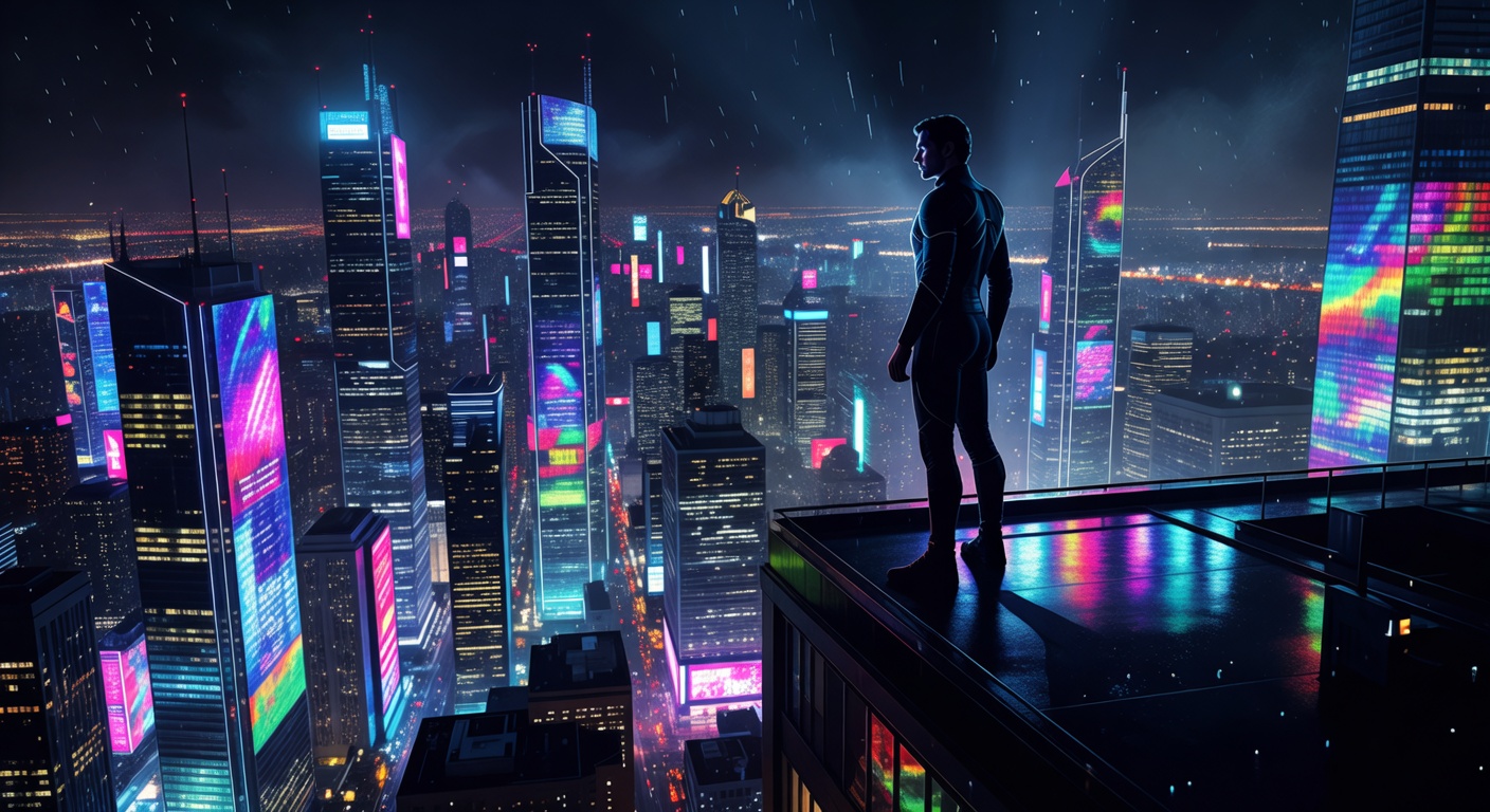 Glowing neon night city skyline at night